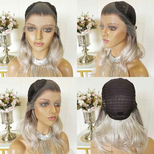 CIMITIKI Short Ash Blonde Wigs Highlight Platinum Color Ombre Silver Hair Bob Style 13x4 Lace Front Wig 14Inch Pre Plucked for Women Girls