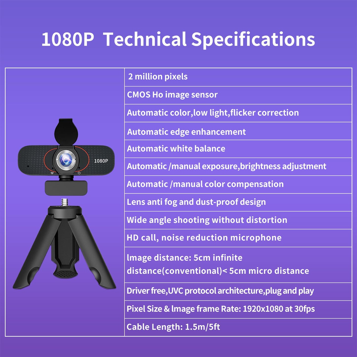 1080P HD Webcam with Microphone, Wide-Angle Lens, Auto Light Correction, Plug Play USB Web Cam with Tripod, Stand, External Camera for Laptop, Desktop Computer, PC, Mac, Zoom, Skype, Streaming, Gaming