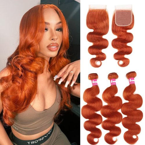 10A Bundles with Closure Human Hair Body Wave Ginger Bundles-12 14 16+12Inch, Unprocessed Raw Brazilian Human Hair Quick Weave Bundles with Free Part Lace Closure 350 Ginger Brown Color