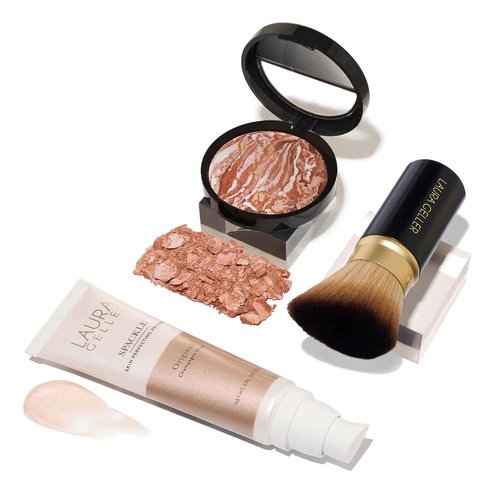 LAURA GELLER NEW YORK Ready-n-Radiant Kit (3 PC) - Baked Bronze-n-Brighten, Medium + Spackle Super-Size Skin Perfecting Primer, Champagne Glow + Retractable Angled Kabuki Brush