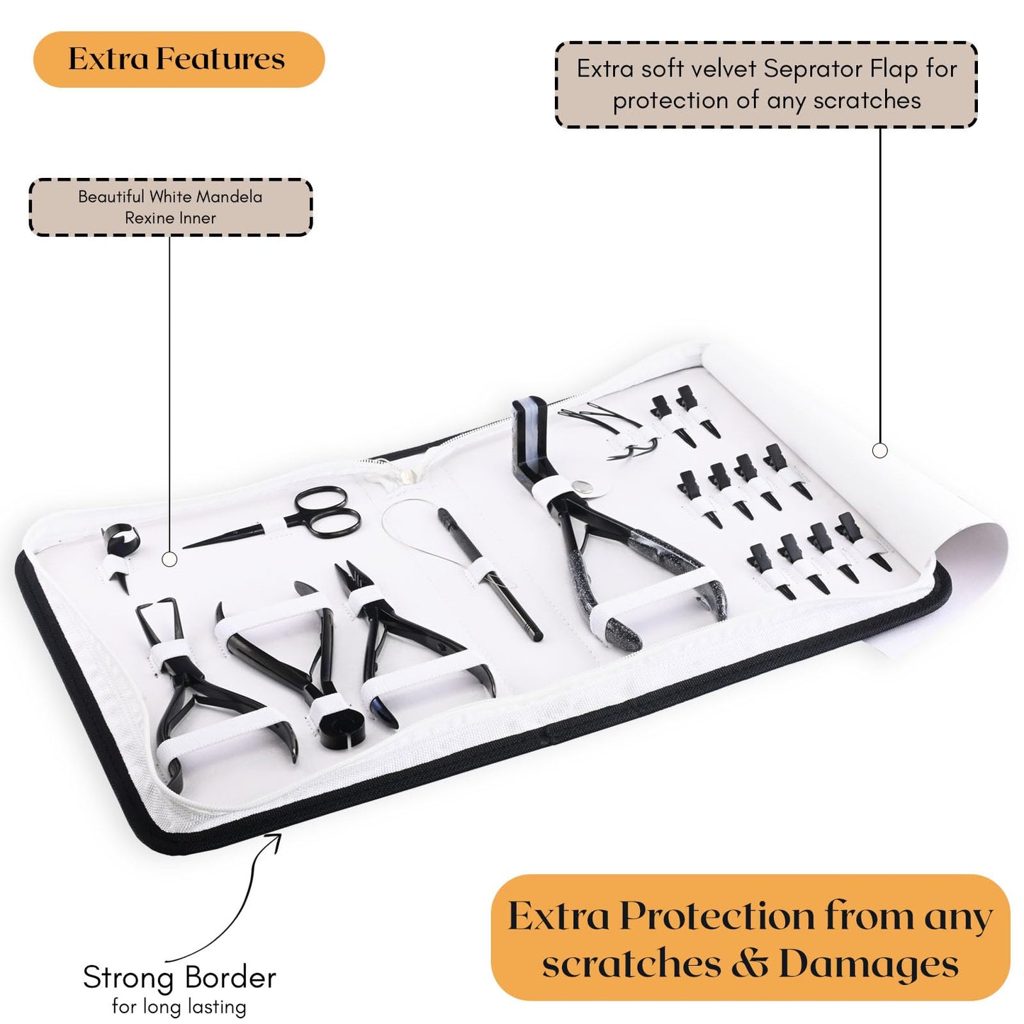 My Hair Tools Hair Extension Tools Kit – Tape-in Press Plier, Keratin Bond Cutter, 3 Hole Nano & Micro Beads Crimping & Remover Pliers, Hair Parting Tool, Mini Scissor, 12pcs Clips & Needles (Black)