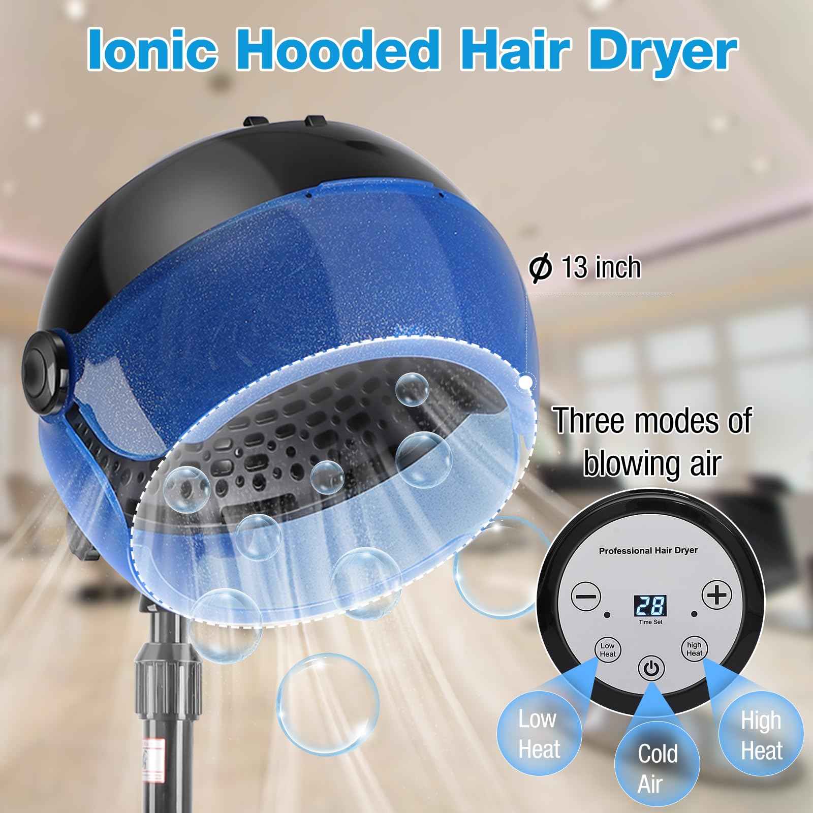 Hooded Hair Dryer, 1500W Standing Hair Dryer with Time Settings, Touch Controls and 3 Temperature Modes, Height Adjustable Ionic Hooded Dryer, Professional Hooded Dryer for Home or Salon Use