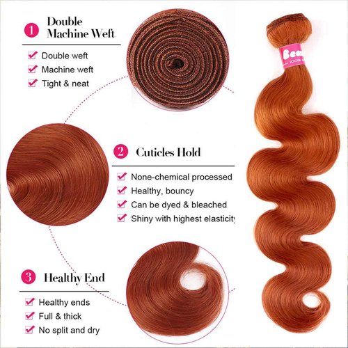 Beaushine 10A Brazilian Bundles with Closure Human Hair Body Wave Quick Weave Hair-14 16 18+14 inch, 350 Ginger Color Body Wave Human Bundle with Free Part Lace Closure