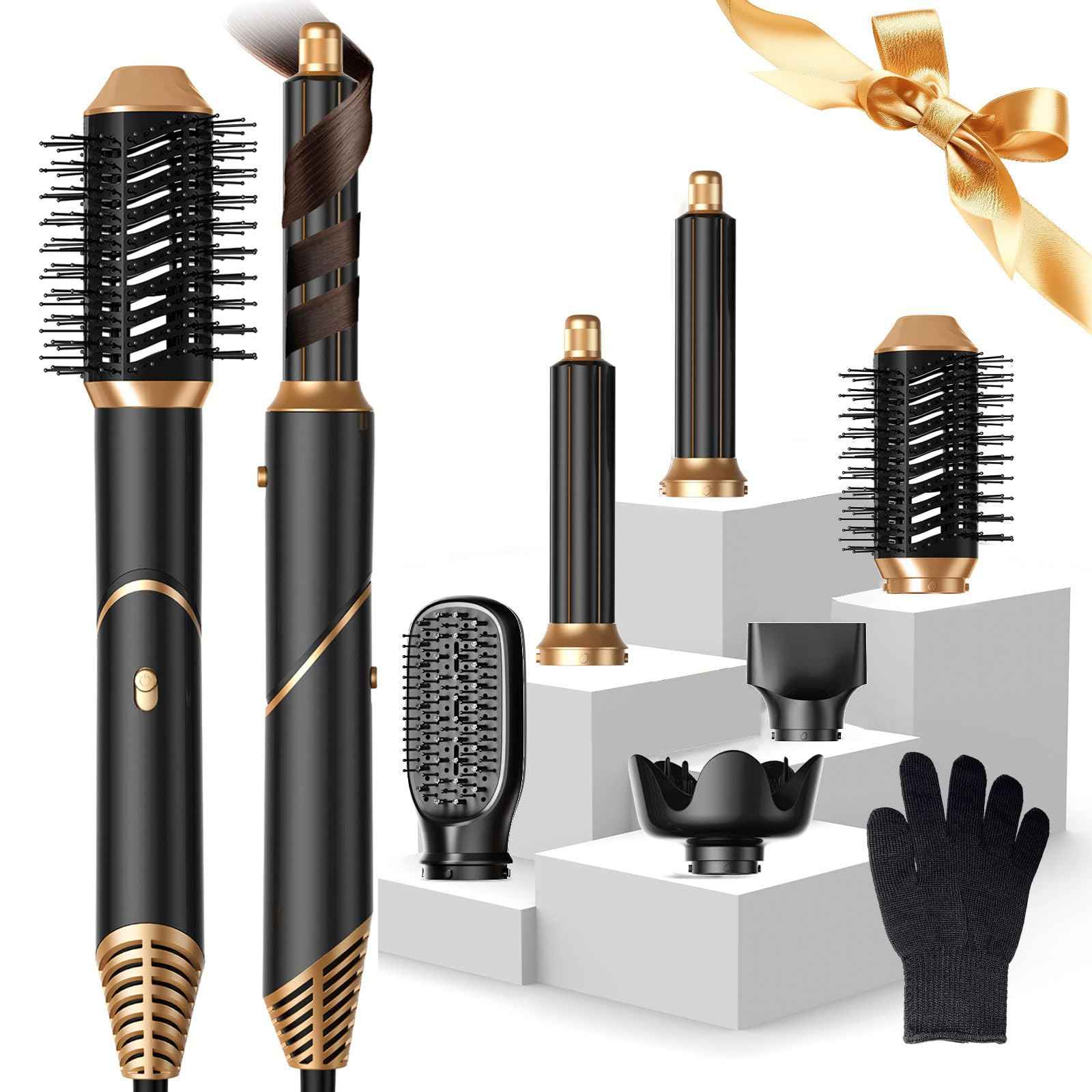 Hair Dryer Brush 6 in 1, Foldable Blow Dryer Brush with Wrap Curler, Detachable Air Hair Styler Curling, Drying,Volumizing, Straightening, Negative Ionic Hair Dryer with Diffuser, Hair Styling Tools