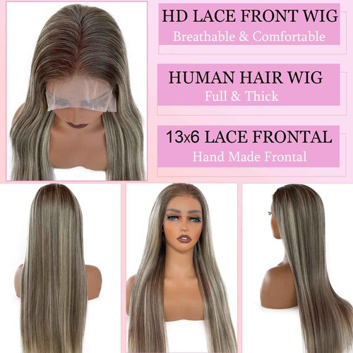 Valiilo 13x6 HD Lace Front Wig Human Hair Balayage Highlight 180% Density 22 Inch Free Part Ombre Brown to Ash Brown Human Hair with 613 Blonde Highlights Wig Pre Plucked