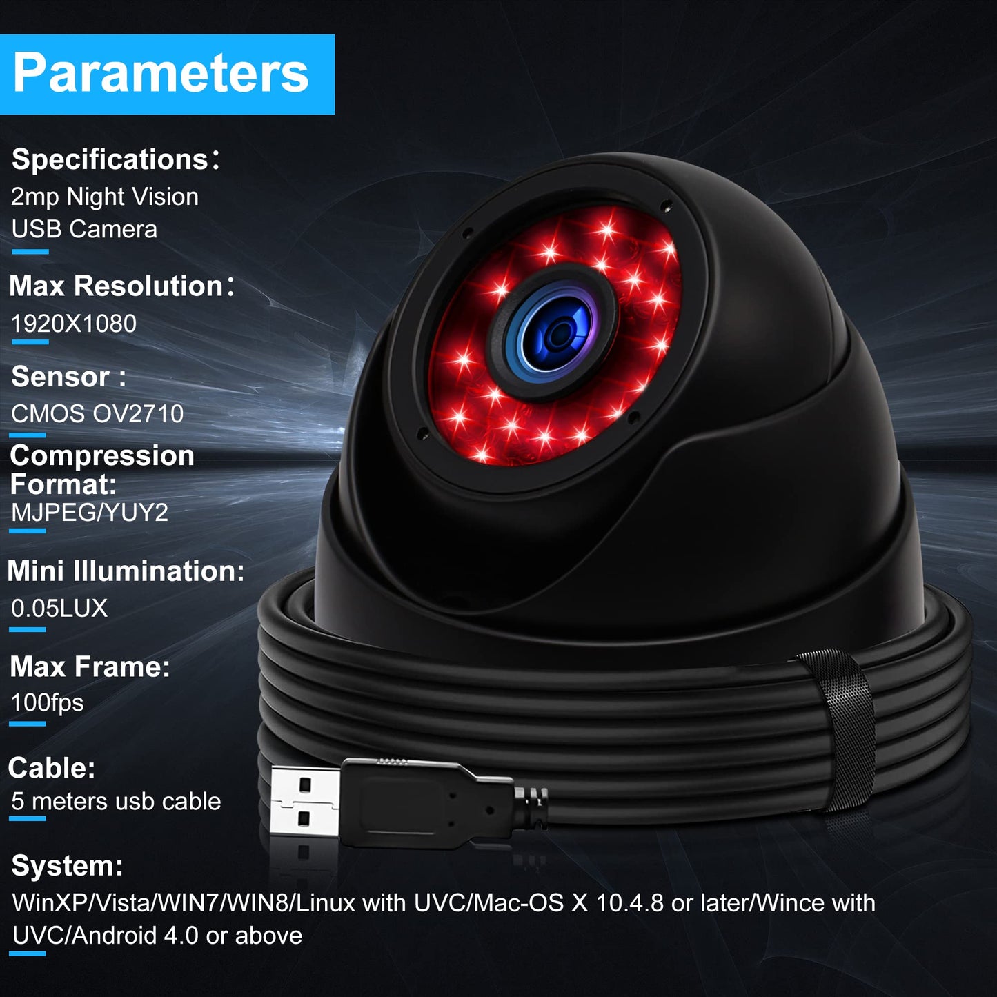 1080p Day Night Vision USB Camera IR Infrared Webcam with Dome Housing Home Surveillance CCTV PC Camera for Computer Mini UVC USB2.0 Waterproof USB with Camera Indoor Outdoor High Speed Camera