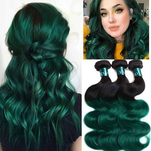 SEXAY Green Brazilian Ombre 1 Bundle 1B/green Color Body Wave Hair Bundles Unprocessed 12A Virgin Human Hair Bundles (22", Body 1B/Green)