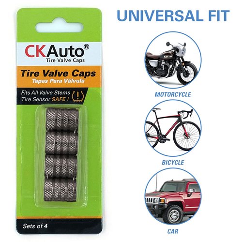 CKAuto Tire Valve Stem Caps, Grey, 4 pcs/Pack, Anodized Aluminum Tire Valve Cap Set, Corrosion Resistant, Universal Stem Covers for Cars Trucks Motorcycles SUVs and Bikes
