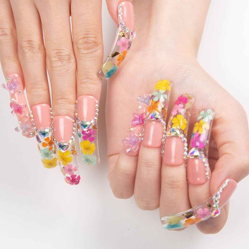 LOVFUL Press on Nails Flora | Handmade with Full Covered Crystals | Reusable Full Cover Nails | Curve Mid Length 1.7 in | H176-S