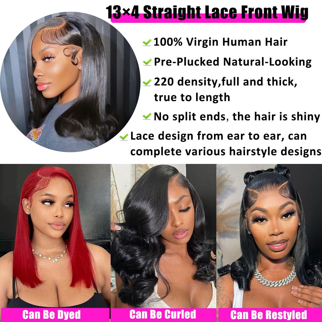 16 Inch Straight Human Hair Wigs 13×4 Straight Lace Front Wigs 220 Density Double Drawn Blunt Cut Long Bob Wig for Black Women Pre Plucked Bleached Knot Brazilian Hair HD Transparent Lace Frontal Wig