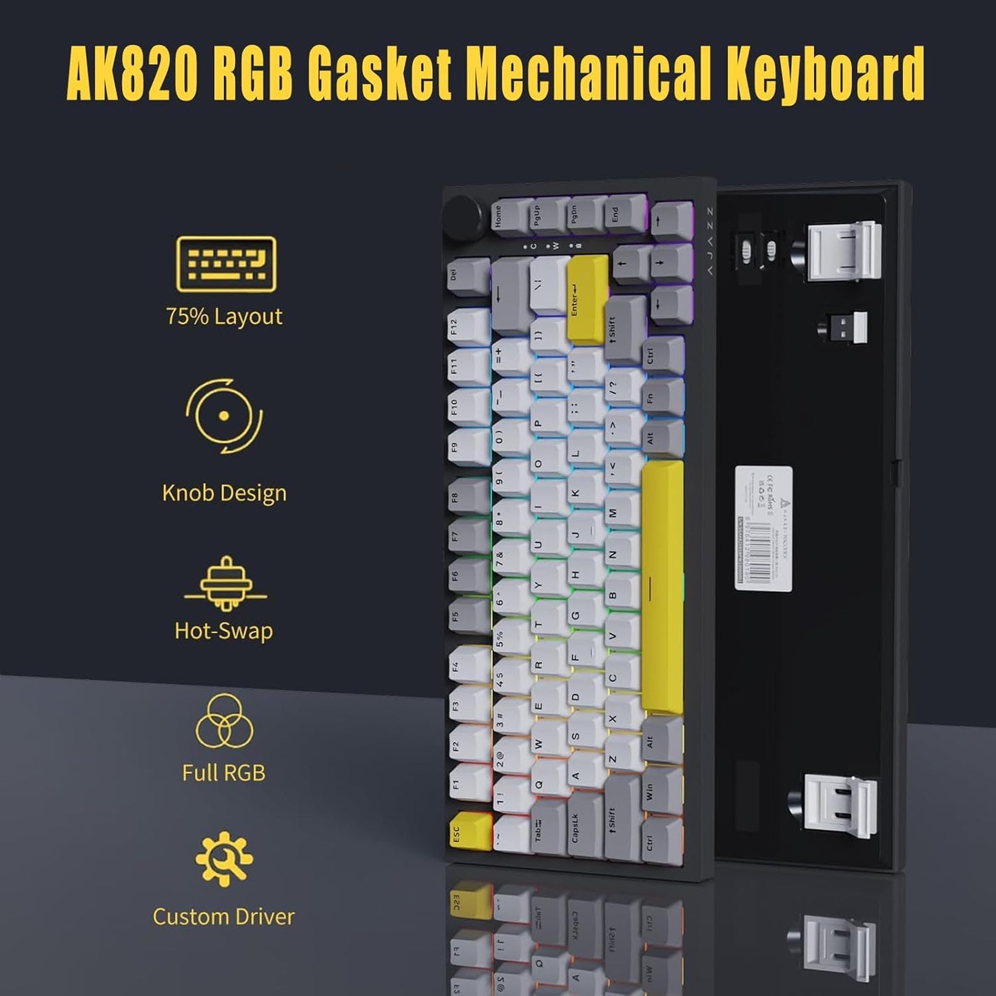 AJAZZ AK820 Pro 75% Gasket RGB Wireless Mechanical Keyboard with TFT Screen, Volume knob, Bluetooth/2.4G/Wired 3-Modes, Compact 82 Hot-Swap Keys, Tricolor PBT Keycap, 4000 mAh (Purple&Blue 3-Modes)