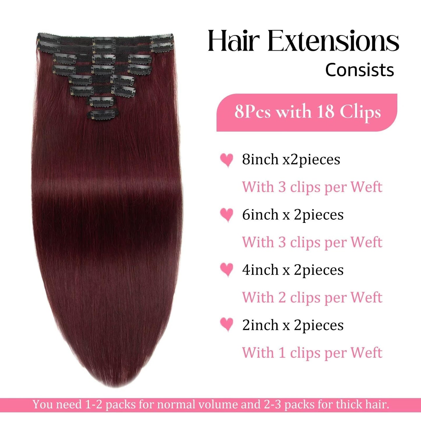 Human Hair Clip in Extensions Burgundy Clip ins 100% Brazilian Remy Real Human Hair Extension for Women 3.9oz/110g 8pcs Per Set with 18 Clips Double Weft (22 Inch #99J)