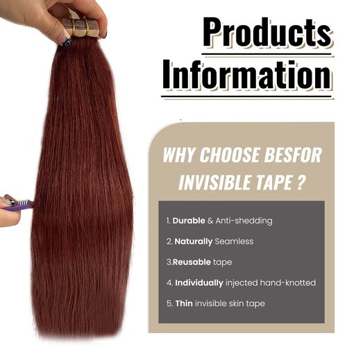 Tape in Hair Extensions #33 Dark Auburn 100% Real Human Hair Silky Straight for Women 24inch 20pcs 70g Dark Auburn Invisible Natural Human Tape in Hair Extensions