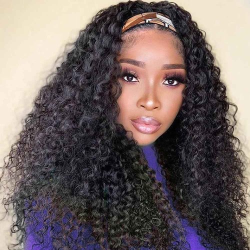 XSY Headband Wig Human Hair Kinky Curly Wigs for Black Women Curly Human Hair Wigs Briazilian Curly None Lace Front Machine Made Wigs Human Hair 26 inch Natural Color