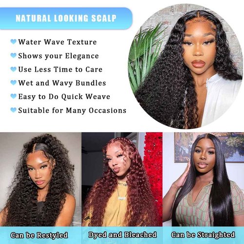 PXCPXC Water Wave Human Hair Bundles 20 22 24 Inch 12A Burmese Deerp Curly Bundles Human Hair 100% Unprocessed Wet and Wavy 3PC Bundles Human Hair Extensions Natural Black