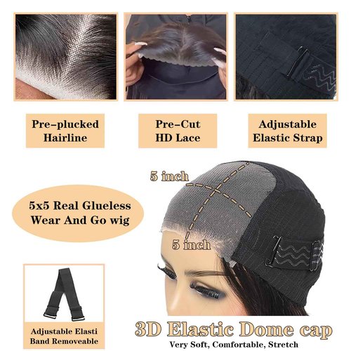 Wear and Go Glueless Wigs Human Hair Pre Plucked Pre Cut 5x5 HD Closure Wigs Human Hair Deep Wave Lace Front Wigs for Black Women 210% Dentisy 12A Deep Curly Glueless Wig Bleached Knots (24 Inch)