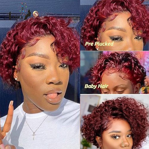 afsisterwig Short Pixie Cut Curly Styled Bob Wig Bob Burgundy Lace Front Wig Deep Short 99j Red Colored Pre Plucked Water Wave Frontal Curly Human Hair Wigs (13X4 99J Burgurdy)