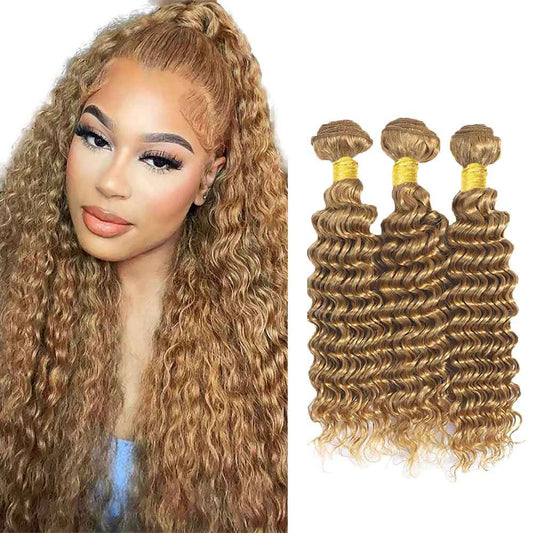 Honey Blonde Bundles Human Hair Color #27 Deep Wave Human Hair Bundles 26 26 26 Inch Brazilian Unprocessed Virgin Hair 3 Bundles Honey Blonde Deep Wave Bundles