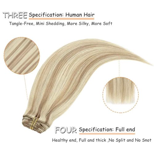 Caliee Clip in Hair Extensions Human Hair for Women Long Soft Silky Double Weft Lace Clip ins P10-613 Highlight Golden Brown and Bleach Blonde 7PCS 20 Inch 120G Real Hair Clip in Hair Extensions