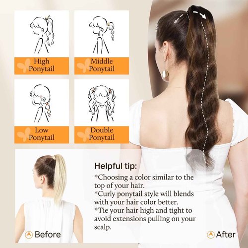 DOORES Hair Extensions Ponytail Extensions Human Hair Balayage Dark Brown to Chestnut Brown 18 Inch 80g Wrap Around Ponytail Remy Hair Extensions Clip in Straight with Magic Paste Heat Resistant