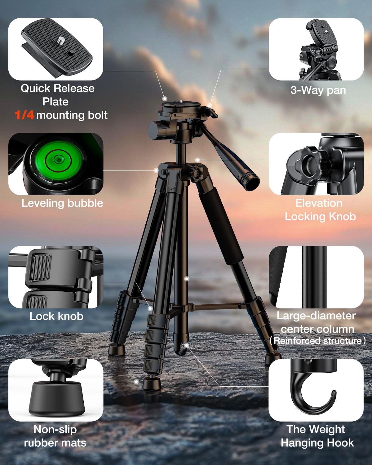 73" Camera Tripod Stand, Aluminum Tripod with Phone Holder, Travel Bag, Compatible with GoPro/DSLR/Cell Phone/Camcorder, Max Load 8.8LB (Black)