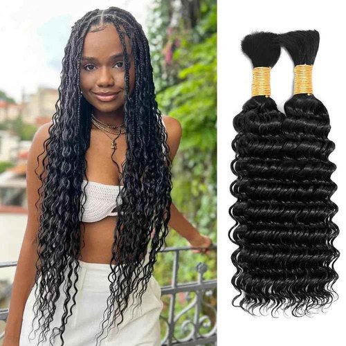 Human Braiding Hair 28 Inch 2 Bundles 100g Deep Wave Bulk Human Hair for Braiding No Weft 12A Brazilian Virgin Curly Human Hair Extensions for Boho Braids Wet and Wavy Human Hair Braiding Hair