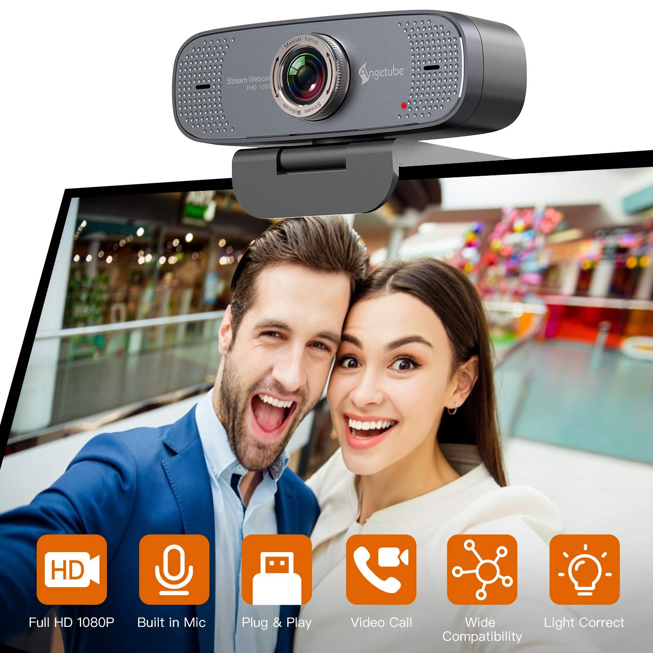 Angetube 1080P Web Camera for Computer HD Webcam with Microphone - USB PC Camera with 90-Degree Wide Angle, Plug and Play for Zoom | Skype | Teams | Streaming | Video Calling