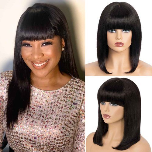 Benehair 14 Inch Light Yaki Straight Human Hair Wig Bob Wig with Bangs 2.75x1 Realistic Look Lace Glueless Wigs Human Hair Blunt Cut Short Black Bob Wig with Bangs 180% Density Natural Black