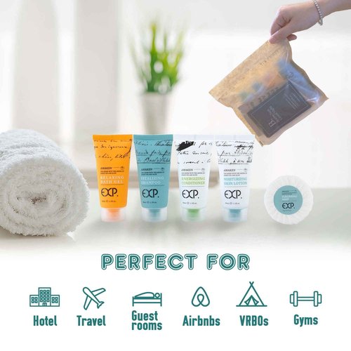 Guestsupply Kits 8-Piece with Travel Size TSA Compliant Essentials, Featuring: Shampoo Conditioner Shower Gel Body Lotion Soap bar Shower Cap Makeup Removers in Sealable Bag. 30 Disposable Toiletries.