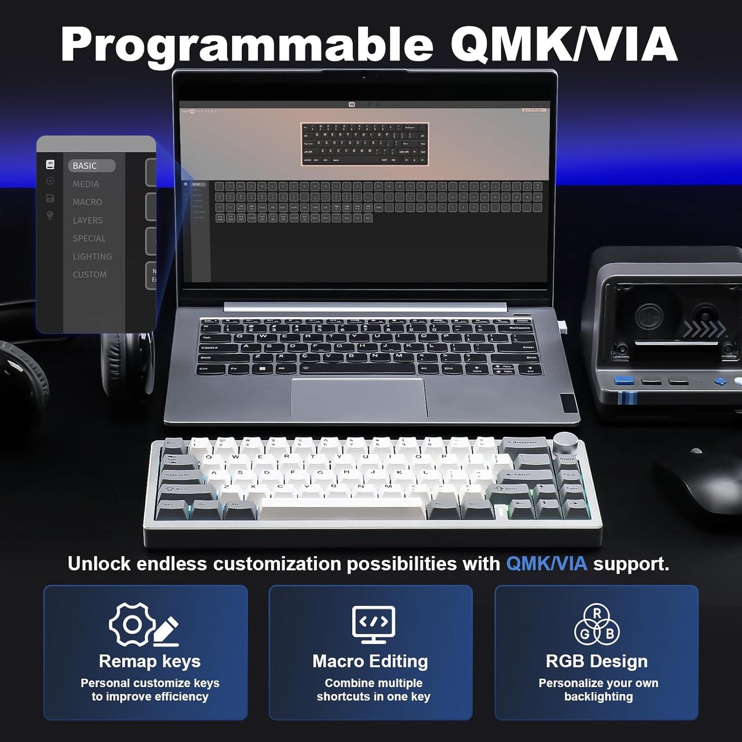 YUNZII AL68 Wireless Mechanical Keyboard,Full Aluminum CNC,60% Layout with Knob, QMK/VIA Software,Gasket Mounted,Hot Swappable,RGB Backlit,BT/2.4G/USB-C for Mac/Win (Black, Milk V2)