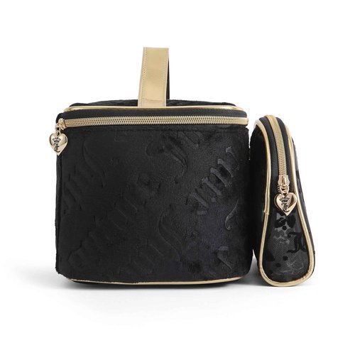 Juicy Couture Black Makeup Bag Cosmetics Organizer Travel Essentials Train Case Coin Purse Flocked Mesh Two Piece Set