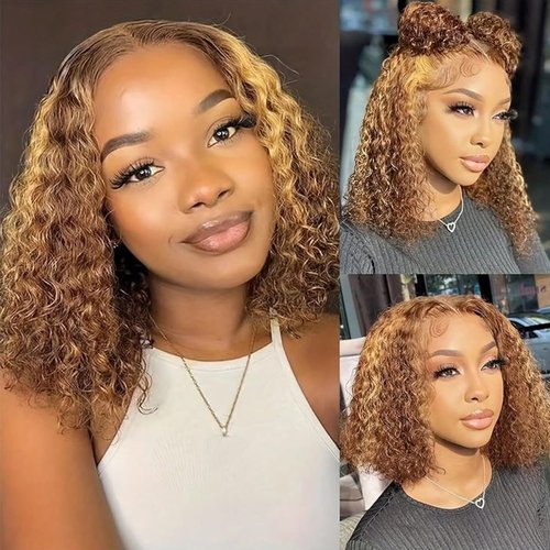 Harmsh Highlight Ombre 13x6 Lace Front Wig Human Hair 210 Density 12 Inch Deep Wave Honey Blonde Glueless HD Transparent Lace Frontal Wigs for Women