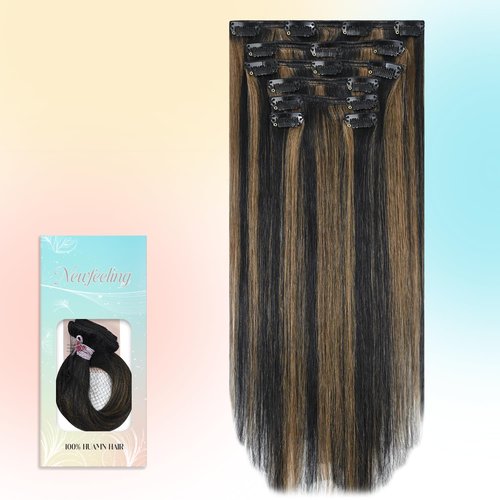 Newfeeling Clip in Hair Extensions Real Human Hair 22 inch 75g Straight Remy 100% Human Clips ins Extension #1BP6 Remy Hair Extensions Clip ins for Women