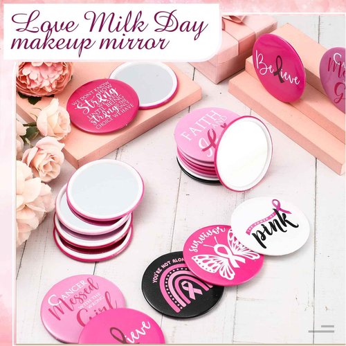 Wonderjune 200 Pcs Breast Cancer Awareness Gifts Pocket Mirror Bulk Portable Travel Mirrors Pink Ribbon Breast Survivor Compact Mirror for Charity Women Public School Events Supplies (Inspirational)