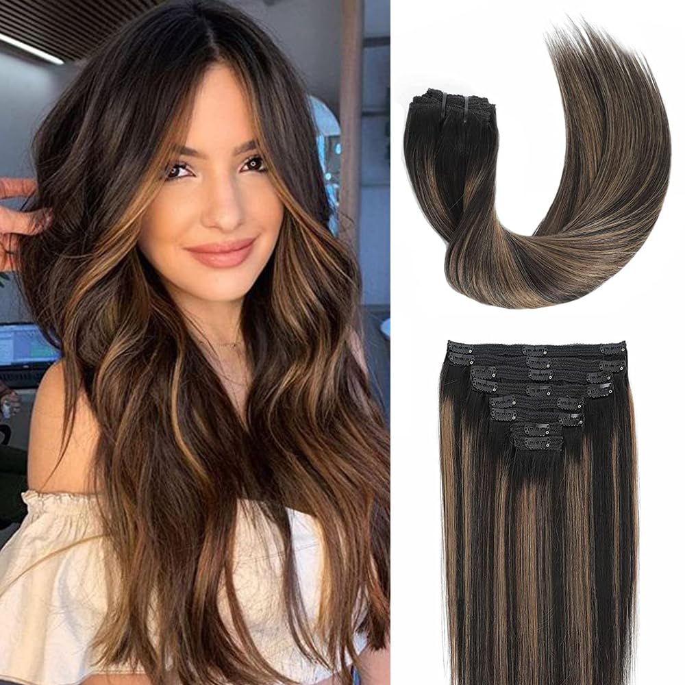 Goulus Human Hair Extensions Clip in 8PCS 120g Balayage Natural Black Mixed Chestnut Brown Remy Human Hair Clip ins Hair Extensions Real Human Hair Extensions(1B/6/1B,16inch)