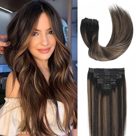 Goulus Human Hair Extensions Clip in 8PCS 120g Balayage Natural Black Mixed Chestnut Brown Remy Human Hair Clip ins Hair Extensions Real Human Hair Extensions(1B/6/1B,16inch)