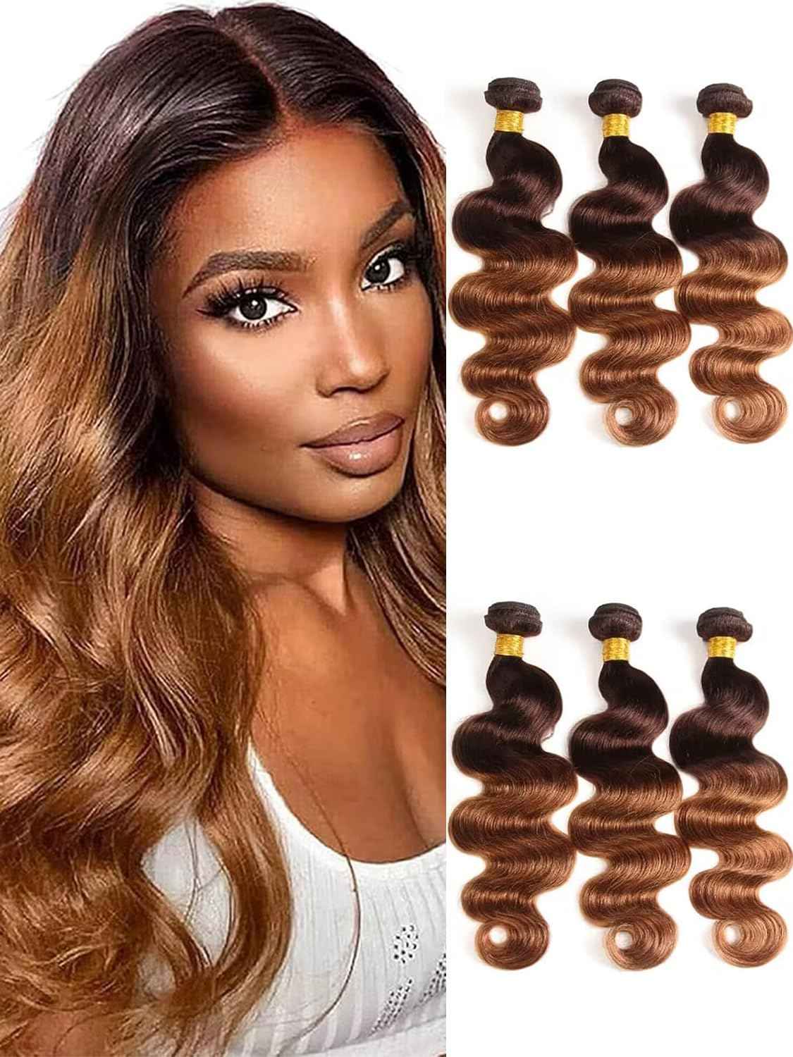 2 Tone Ombre Brazilian Body Wave Hair 3 Bundles Brazilian Remy Virgin Human Hair Weave Bundles 100% Unprocessed Body Wave Human Hair Extensions T4/30 Medium Brown/Medium Auburn(10 12 14)