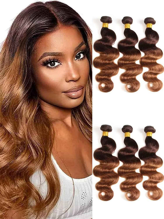 2 Tone Ombre Brazilian Body Wave Hair 3 Bundles Brazilian Remy Virgin Human Hair Weave Bundles 100% Unprocessed Body Wave Human Hair Extensions T4/30 Medium Brown/Medium Auburn(10 12 14)