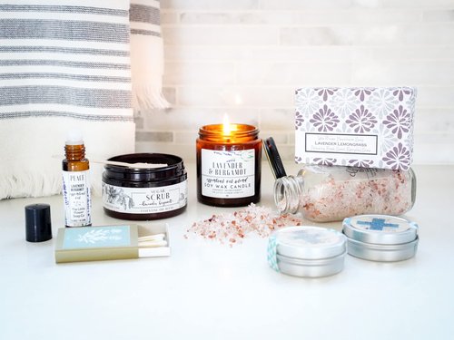 The Little Flower Soap Co - Spa Day gift Box Relaxation Kit - Handmade Candle Soap Salt Scrub and Lotion
