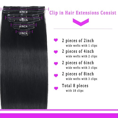 SIVSV Real Human Hair Extensions - 18 Inch, 3.6oz/100g Remy Natural Hair Clip Ins for Women - Seamless Clip on Hair Extensions - 8pcs Per Set - Double Weft - Jet Black
