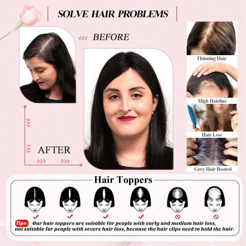 POWERASIA Real Human Hair Toppers for Women - No Bangs Wiglets, Upgrade 3.9x4.7Inch Silk Base Clip ins, 150% Density Remy Hair Wig Topper #1 Jet Black