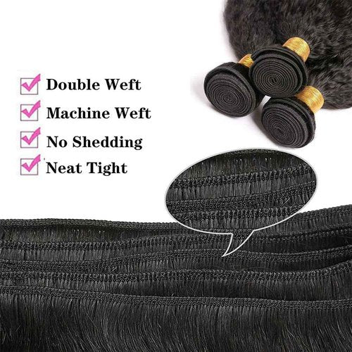 OLFORY Hair Bundles 12A Yaki Kinky Straight Human Hair 3 Bundles 100% Unprocessed Mongolian Virgin Human Hair Kinky Straight Bundles Yaki Hair Natural Color (20 22 24)