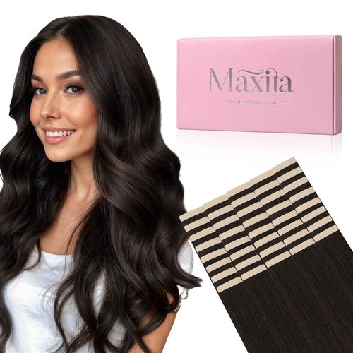 MAXITA Tape in Hair Extensions Human Hair Dark Brown 22 Inch 100g 40pcs Remy Human Hair Extensions Straight Seamless Tape in Skin Weft Extensions for Women