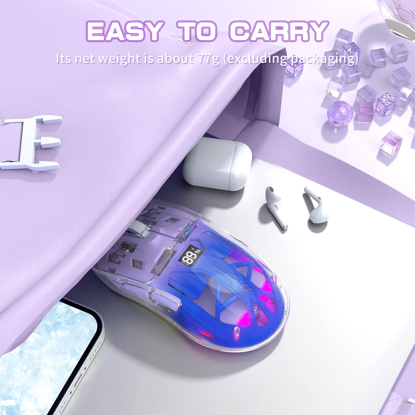 ZIYOU LANG A2 Transparent Wireless Gaming Mouse with Battery Level Display,Bluetooth/2.4G Wireless PC Mice,3D RGB Backlit,5 Million Clicks,PixArt 3212,up to 4000 DPI for Win/MAC,Purple