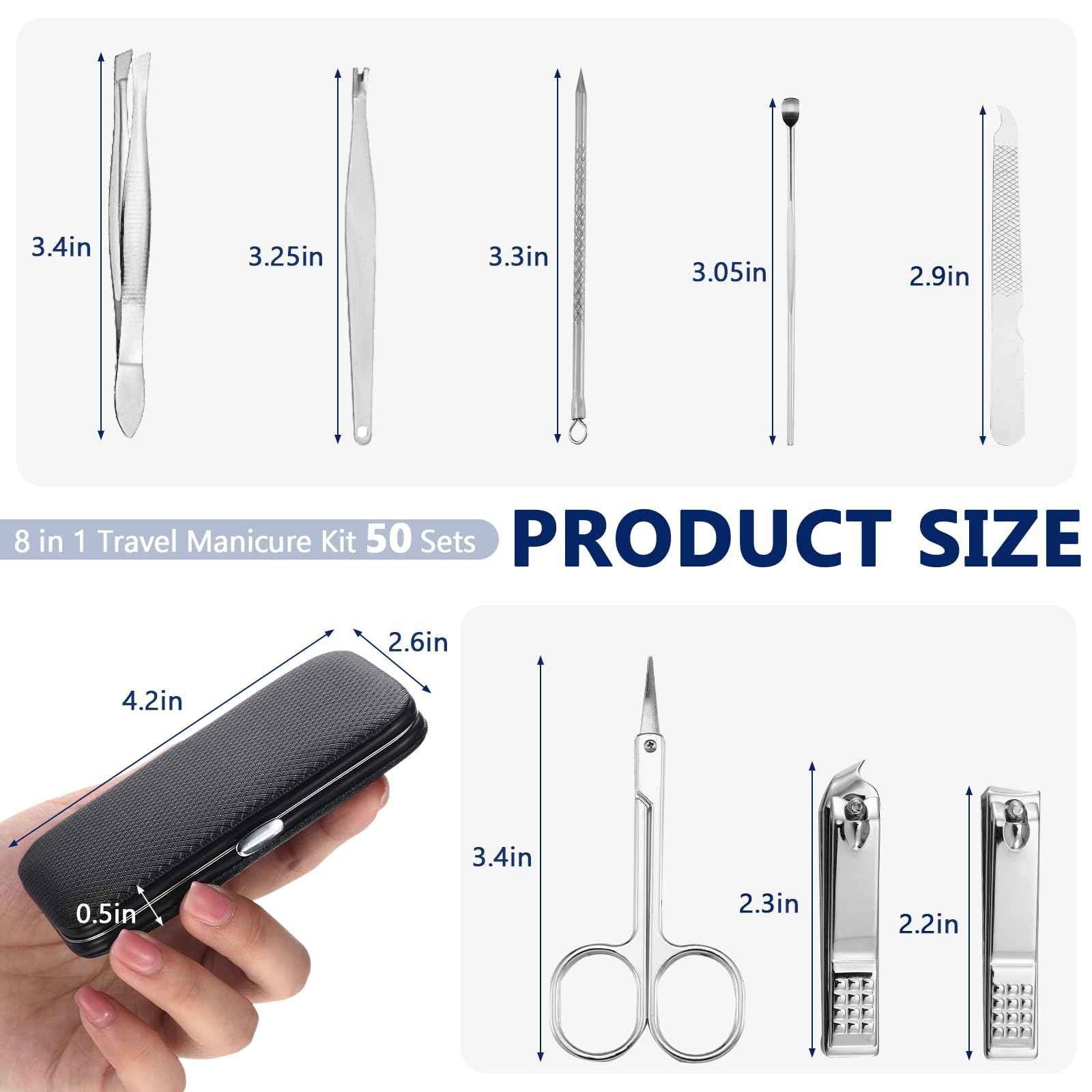Geosar 50 Set 8 in 1 Travel Manicure Kit Bulk Professional Nail Clippers Pedicure Nail Care Tools Grooming Stainless Steel Set with Portable Travel Case, Gift for Christmas Men Women(Black)