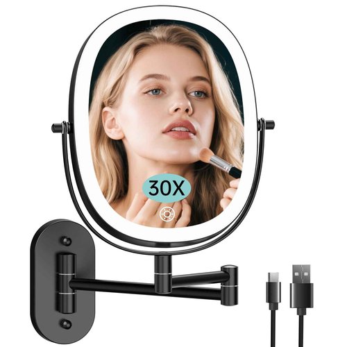 FUNTOUCH 30X/1X Wall Mounted Lighted Makeup Vanity Mirror, Rechargeable Double Sided Bathroom Magnification Mirror, 3 Dimmable Light Settings, Extension Arm, Oval Frame, Ideal for Makeup,Black