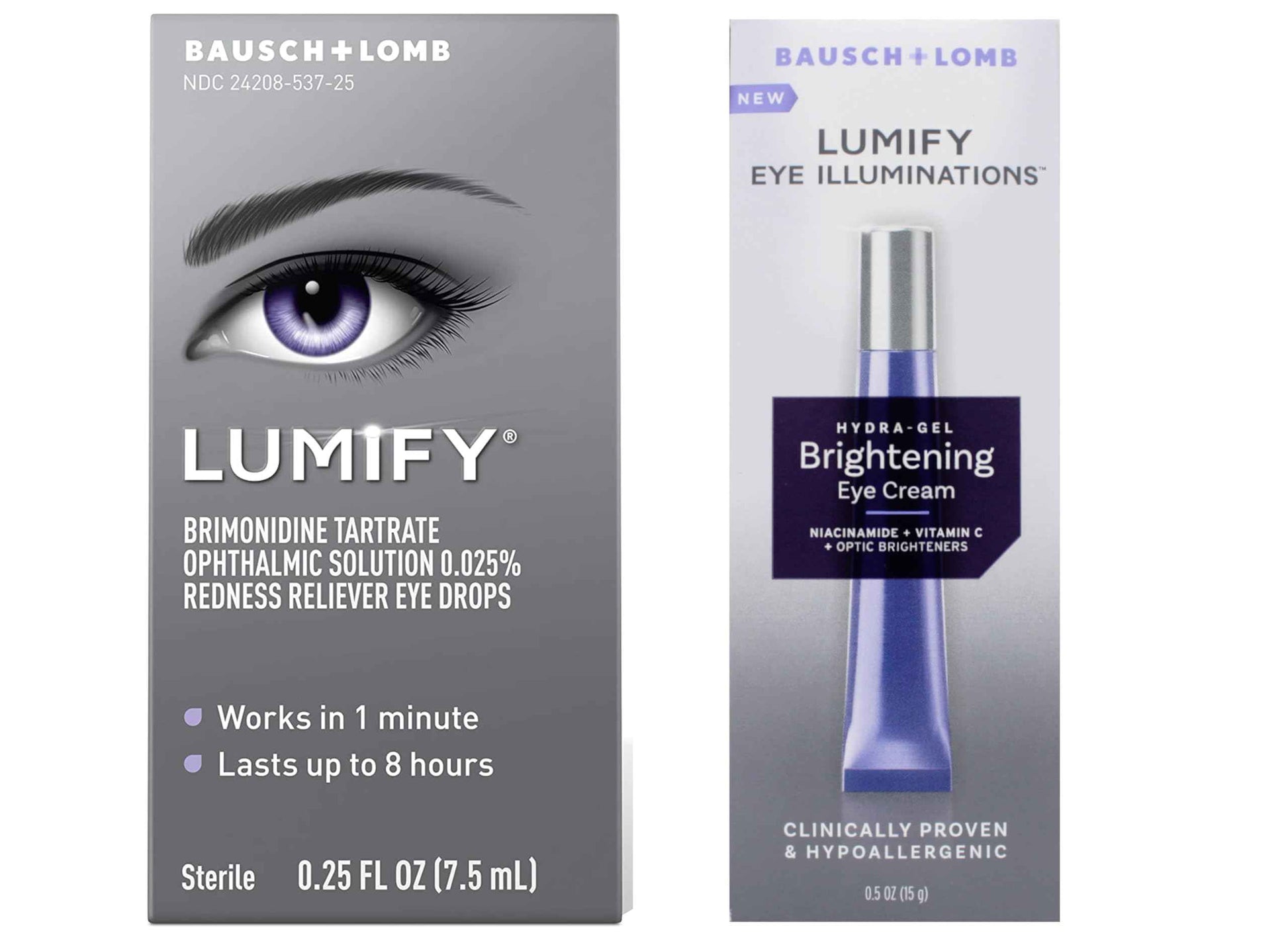 Lumify Redness Reliever Eye Drops 0.25 fl oz and Lumify Brightening Cream 0.5 fl oz, Hypoallergenic Eye Care Bundle