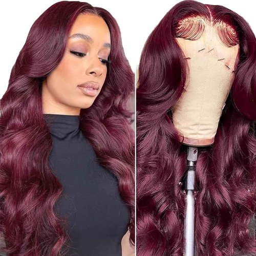 ALHER 12A Dark Burgundy Lace Frontal Wig 180% Density, 99J Wine Red Colored Ear to Ear 13x4 Frontal Wig Pre Plucked With Baby Hair, 100% Virgin Remy Human Hair Purple Wig for Black Women 22 IN