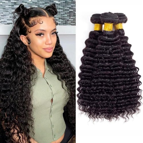 Deep Wave Human Hair Bundles 18 20 22 Inch 12A Brazilia Human Hair Bundles Wet and Wavy Curly Bundles Human Hair Extensions for Women Natural Color