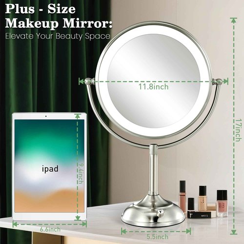 VESAUR 11.8" Extra Large 17" Tall Lighted Makeup Mirror, 1X/5X/10X 3-Sided Magnifying Mirror with 96 LEDs, 3 Color Dimmable Lights, 360° Swivel Dual Power Vanity Mirror, Nickel Finish - Great Gift